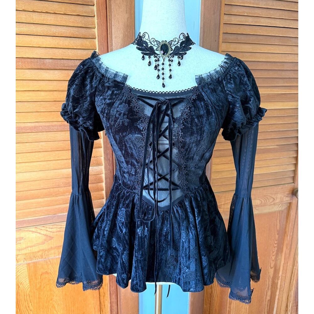 Devil Fashion Gothic Victorian Vampire Black Velvet Rose Princess Peplum Top